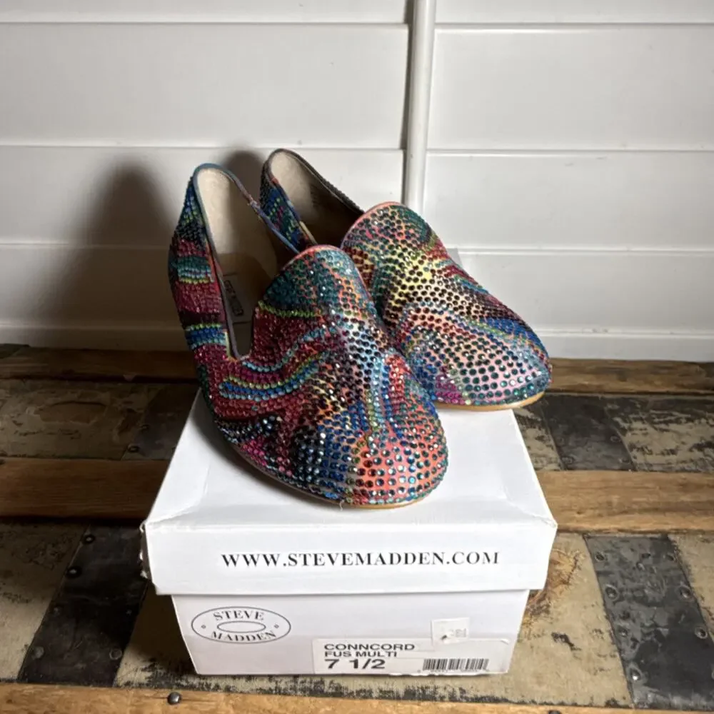 Steve Madden Multicolor Rhinestone Textile Slip On Flat Loafers Women's 7.5